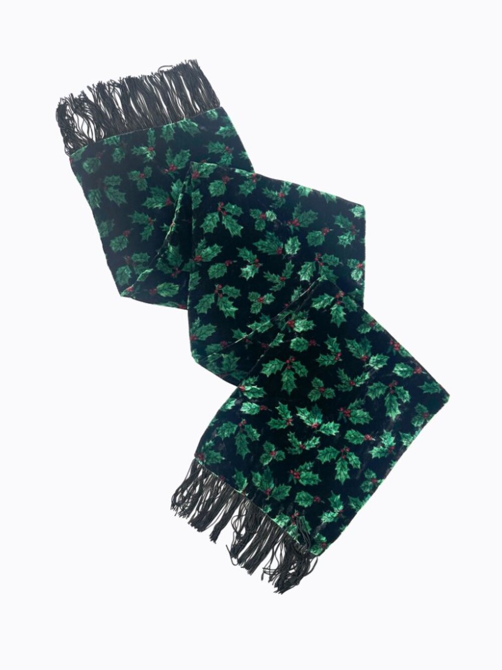 Vtg 90s Black Velvet Holly Scarf Fringe Christmas Berry Holiday Whimsigoth Wrap - Picture 5 of 6